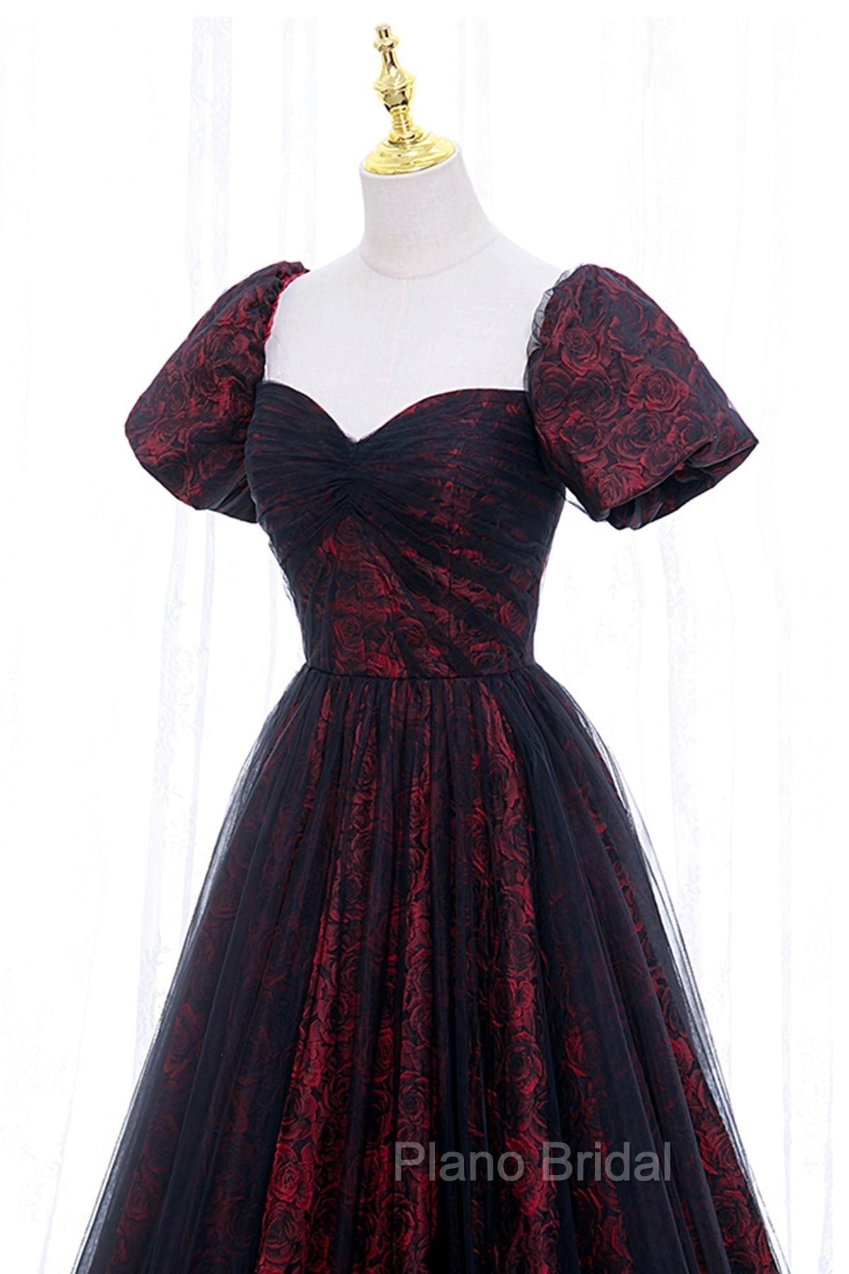 Black Tulle Short Sleeve Formal Evening Dresses, Off the Shoulder Formal Prom Dresses