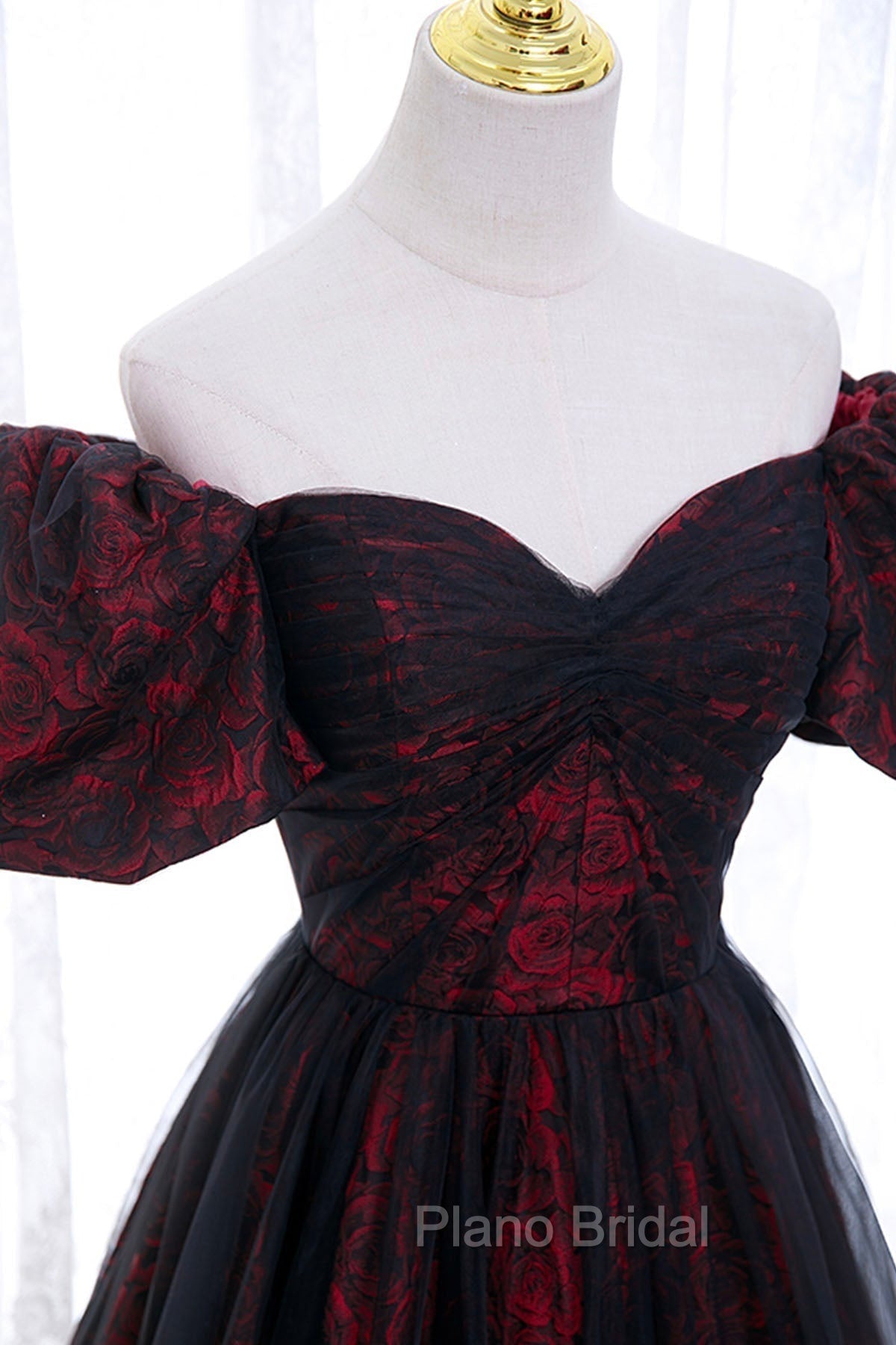 Black Tulle Short Sleeve Formal Evening Dresses, Off the Shoulder Formal Prom Dresses