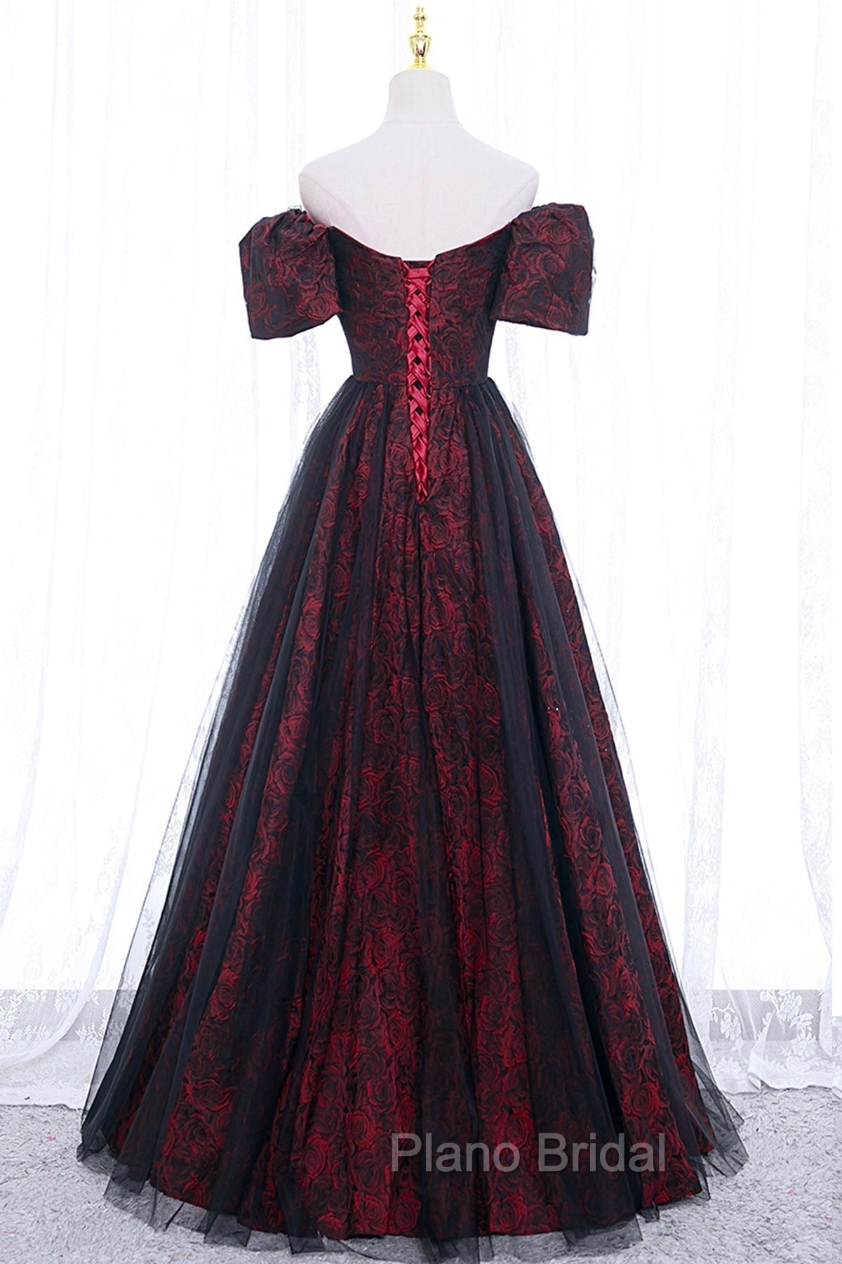 Black Tulle Short Sleeve Formal Evening Dresses, Off the Shoulder Formal Prom Dresses