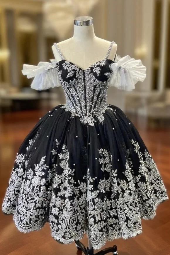 Black Tulle Silver Sequins Appliques Short Formal Prom Dresses Main image