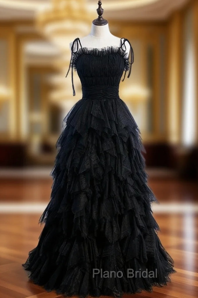 Black Tulle Spagehtti Straps Pleats Tiers Formal Prom Dresses