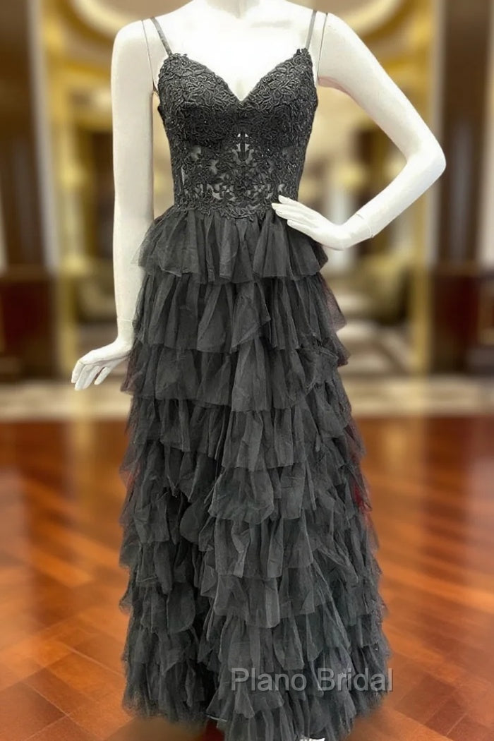 Black Tulle Spaghetti Straps Appliques Formal Prom Dresses Main image