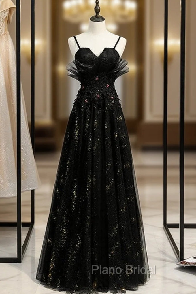 Black Tulle Spaghetti Straps Appliques Formal Prom Dresses