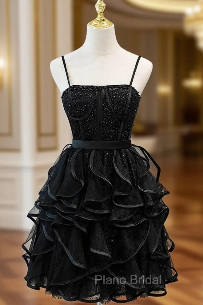 Black Tulle Spaghetti Straps Beading Homecoming Dresses