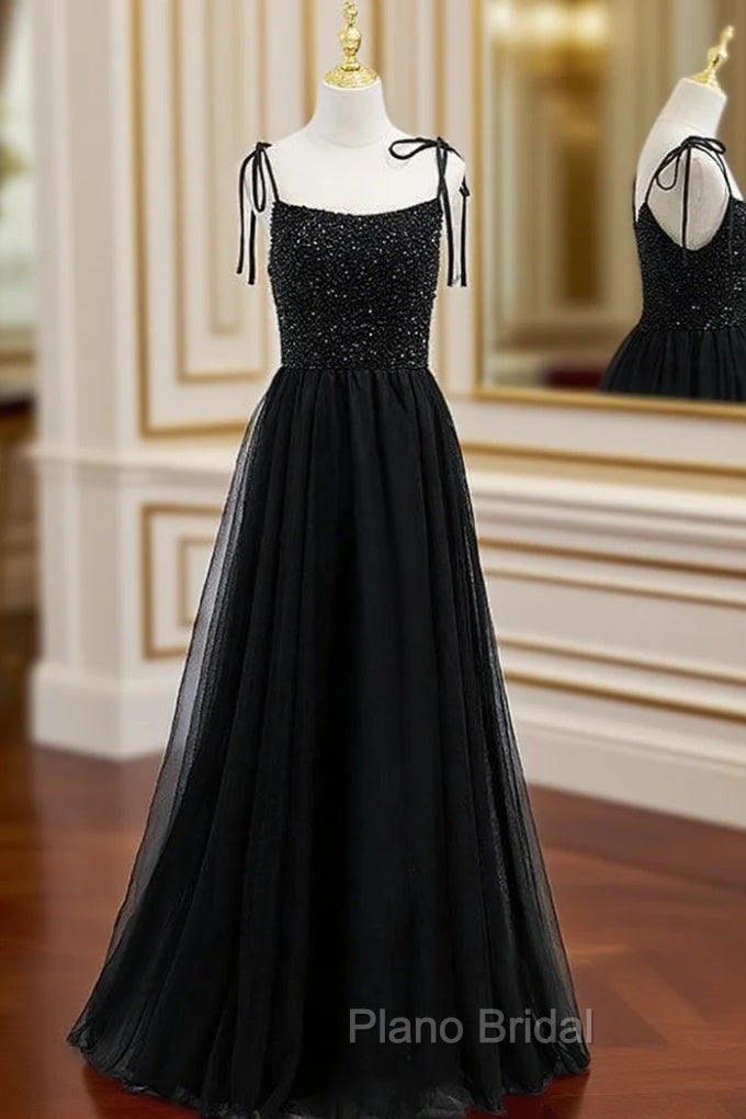 Black Tulle Spaghetti Straps Beading Formal Prom Dresses