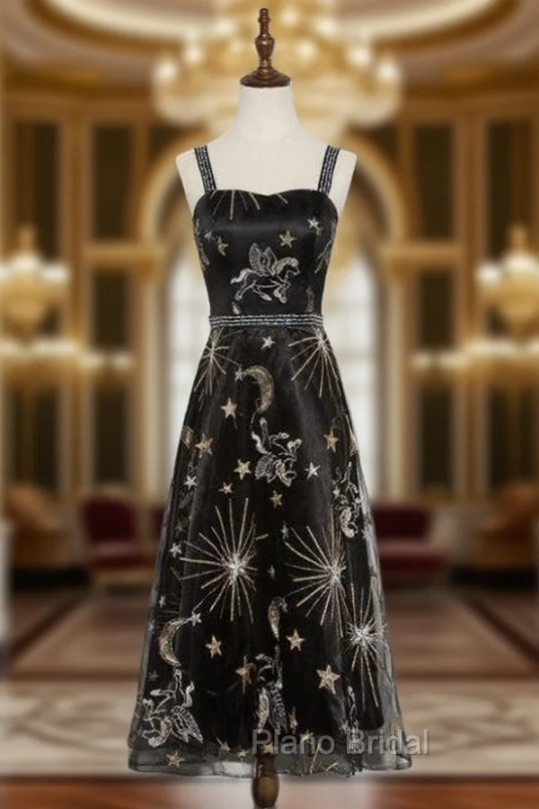 Black Tulle Spaghetti Straps Embroidery Tea Length Formal Prom Dresses Main image