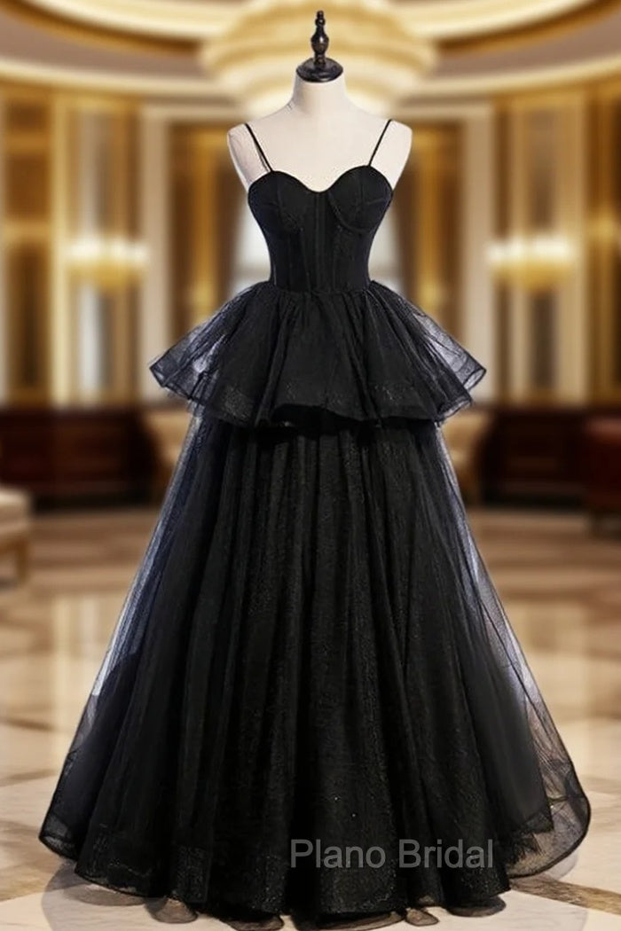 Black Tulle Spaghetti Straps Long Formal Prom Dresses Main image