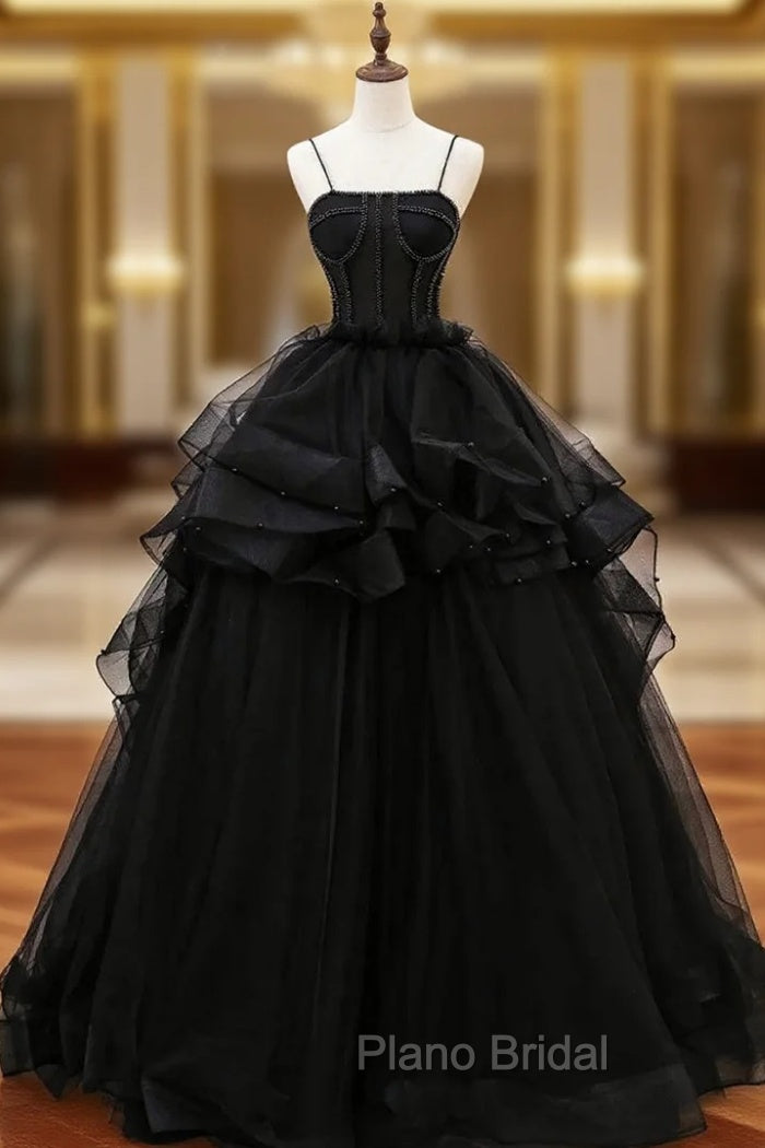 Black Tulle Spaghetti Straps Formal Prom Dresses