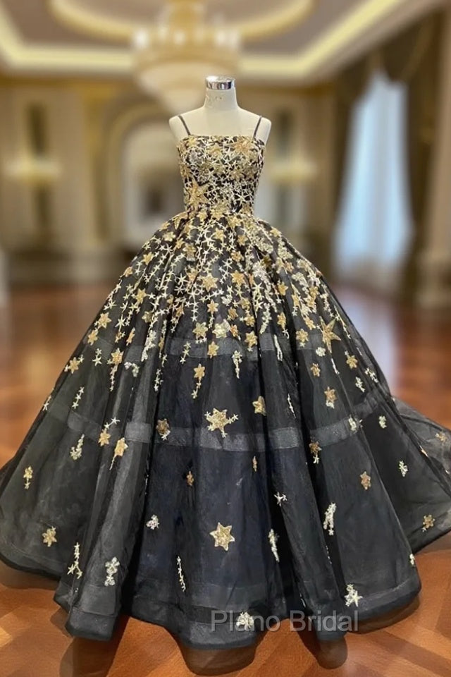 Black Tulle Spaghetti Straps Sequins Formal Prom Dresses