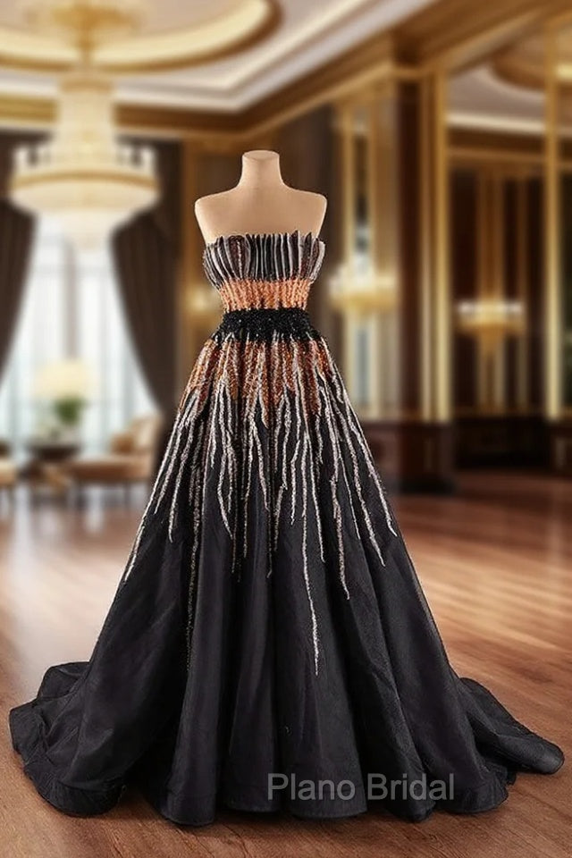 Black Tulle Strapless Pleats Beading Formal Prom Dresses Main image