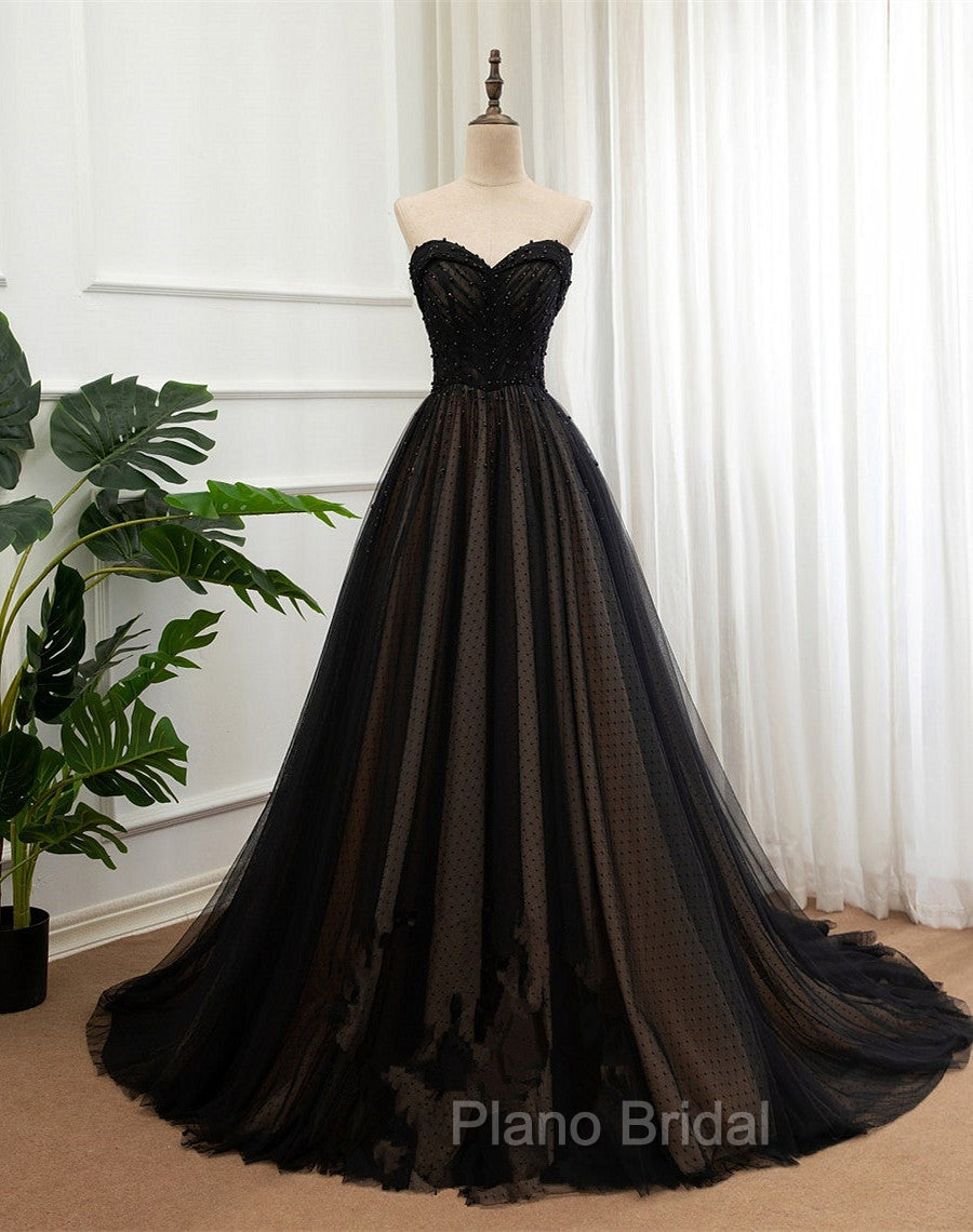 Black Tulle Sweetheart A-line Formal Dresses with Lace, Black Long Formal Prom Dresses