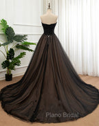 Black Tulle Sweetheart A-line Formal Dresses with Lace, Black Long Formal Prom Dresses