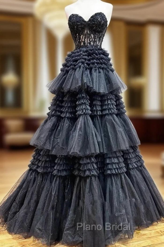 Black Tulle Sweetheart Appliques Formal Prom Dresses Main image