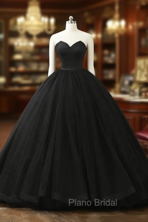 Black Tulle Sweetheart Ball Gown Sweet 16 Dresses, Black Long Formal Dresses