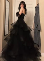 Black Tulle Sweetheart Layers Long Party Dresses, Black Tulle Long Formal Prom Dresses