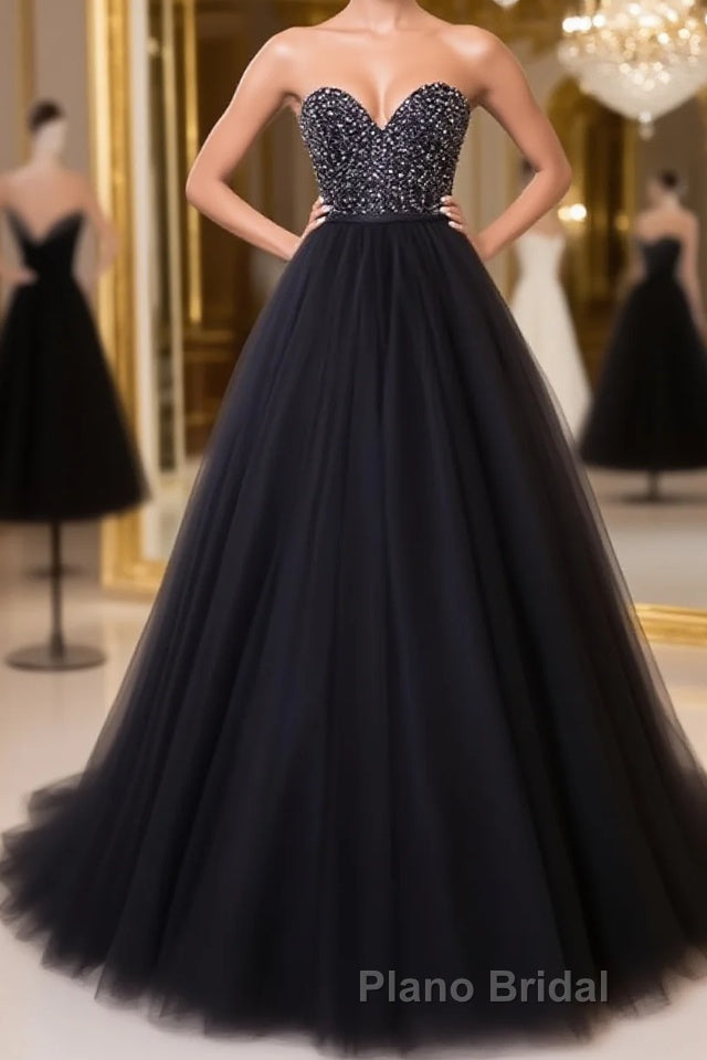 Black tulle sweetheart neck long Formal Prom dress, black evening dress