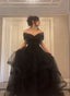 Black Tulle Sweetheart Off Shoulder Long Party Dresses, A-Line Black Formal Prom Dresses