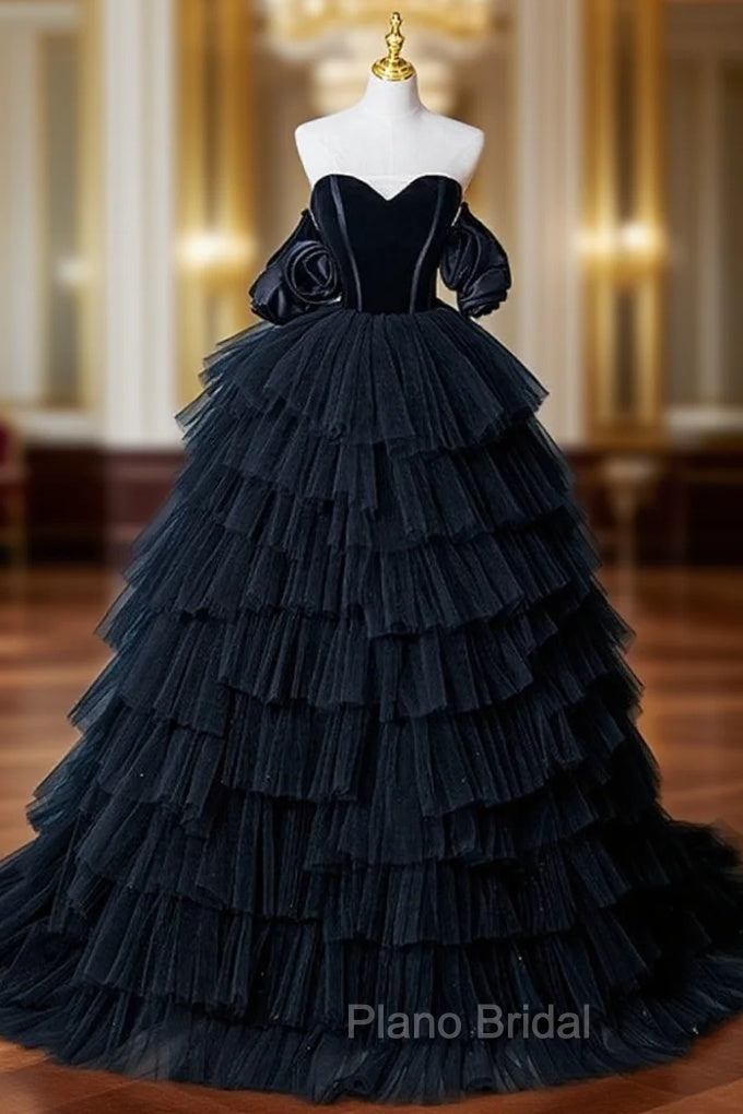 Black Tulle Tiers Sweetheart Formal Prom Dresses