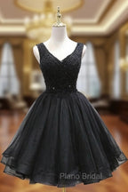 Black Tulle V Back Beaded Knee Length Homecoming Dresses, Black Short Party Dresses