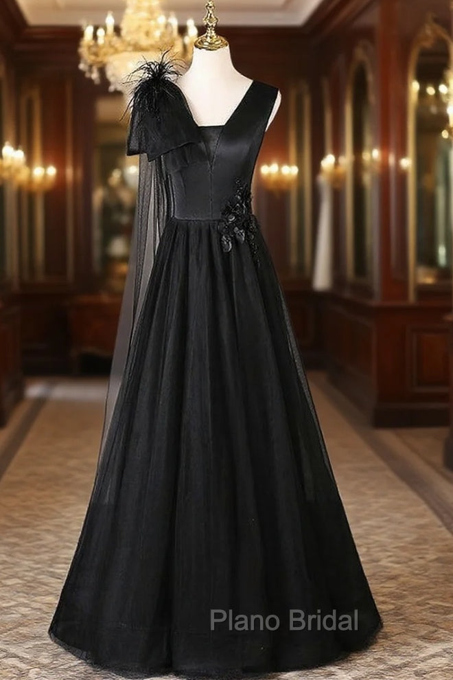 Black Tulle V-neck Appliques Formal Prom Dresses Main image