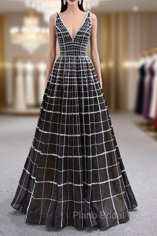 Black Tulle V-neck Beading Sequins Formal Prom Dresses