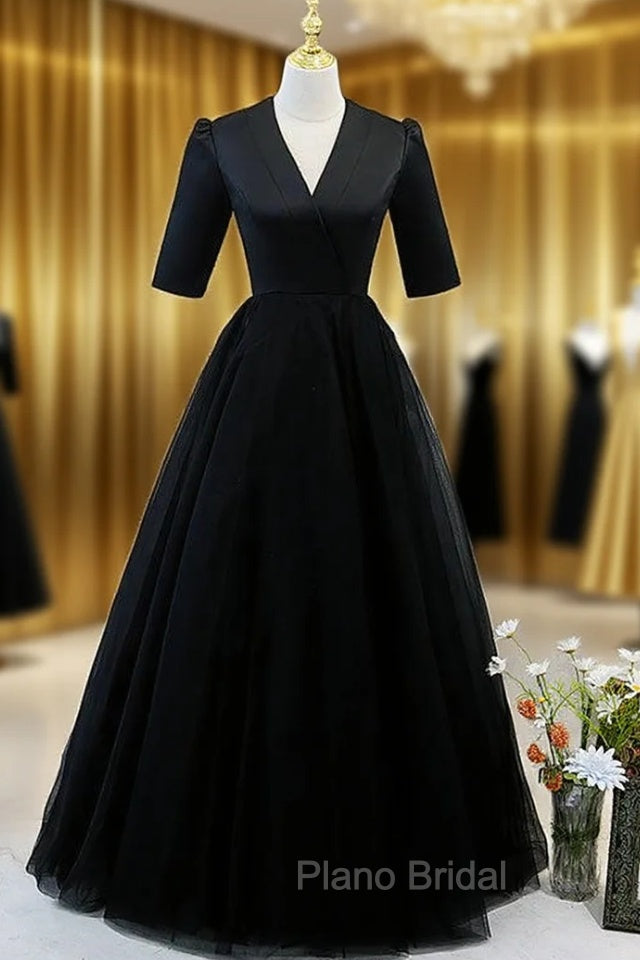 Black Tulle V-neck Short Sleeve Formal Prom Dresses Main image