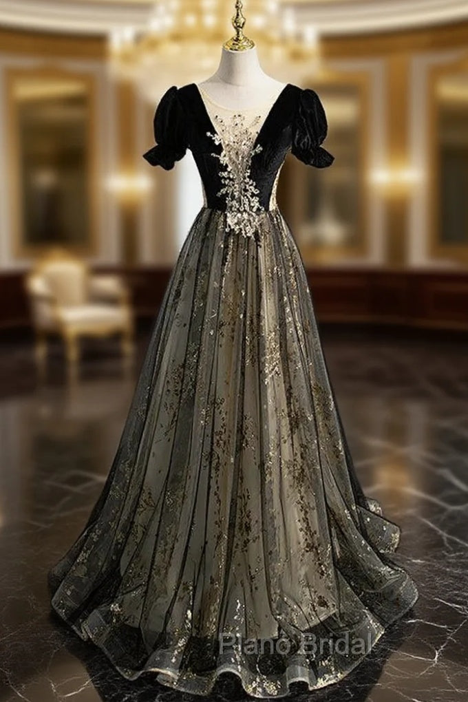 Black Tulle Velvet Backless Short Sleeve Formal Prom Dresses