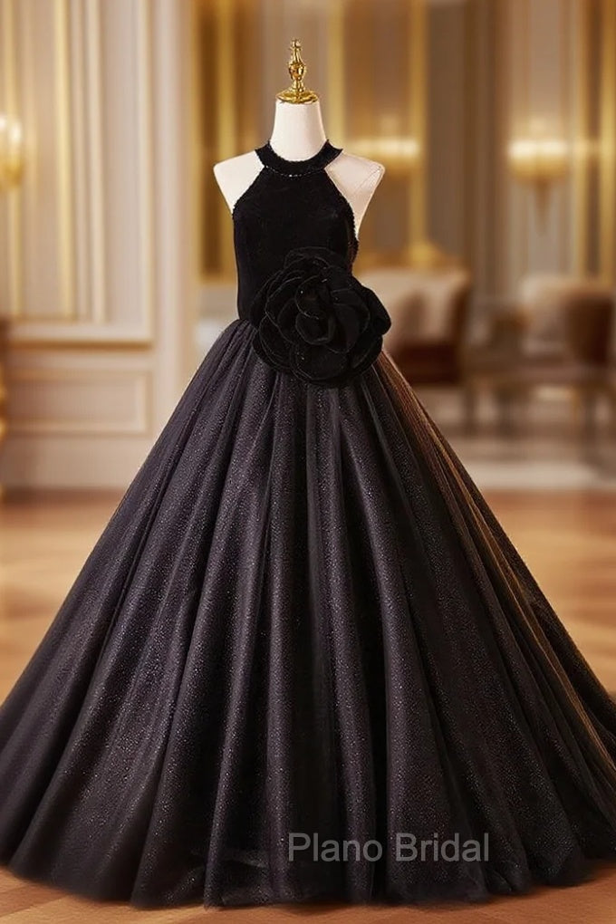 Black Tulle Velvet Halter Flower Formal Prom Dresses Main image