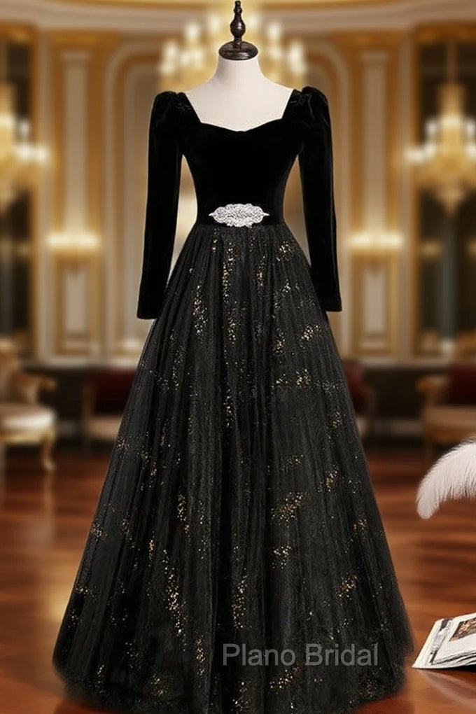 Black Tulle Velvet Long Sleeve Formal Prom Dresses