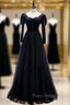 Black Tulle Velvet Long Sleeve Square Formal Prom Dresses