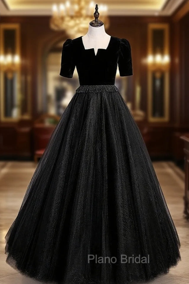 Black Tulle Velvet Short Sleeve Beading Formal Prom Dresses Main image