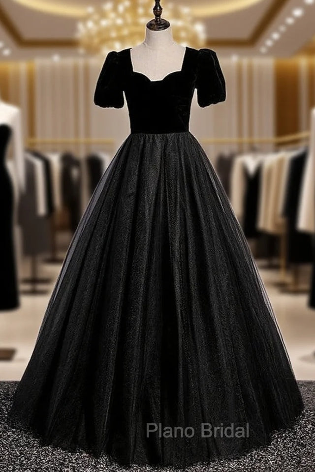 Black Tulle Velvet Short Sleeve Formal Prom Dresses Main image
