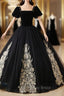 Black Tulle Velvet Square Short Sleeve Appliques Quinceanera Dresses