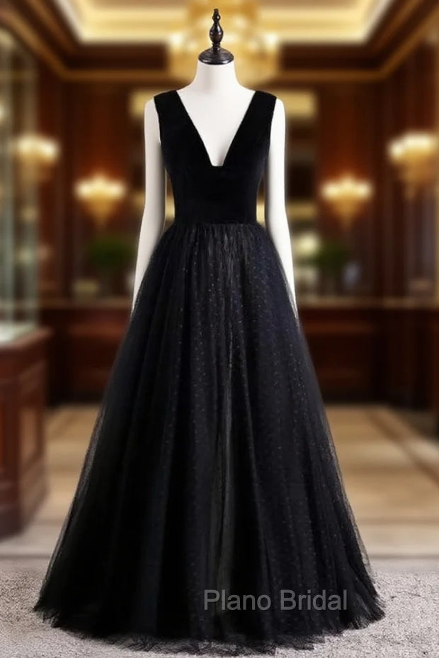 Black Tulle Velvet V-neck Formal Prom Dresses Main image