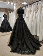 Black Tulle with Lace Straps Long Formal Dresses, Black Long Evening Dresses Formal Prom Dresses