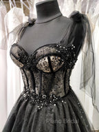 Black Tulle with Lace Straps Long Formal Dresses, Black Long Evening Dresses Formal Prom Dresses