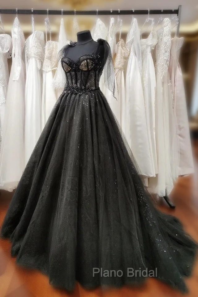Black Tulle with Lace Straps Long Formal Dresses, Black Long Evening Dresses Formal Prom Dresses Main image