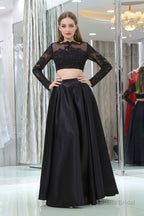 Black Two Piece Long Sleeve Floor Length Satin Prom Dresses with Lace
