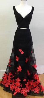 Black Two Pieces Applique Long Formal Prom Dresses, Black Formal Dresses