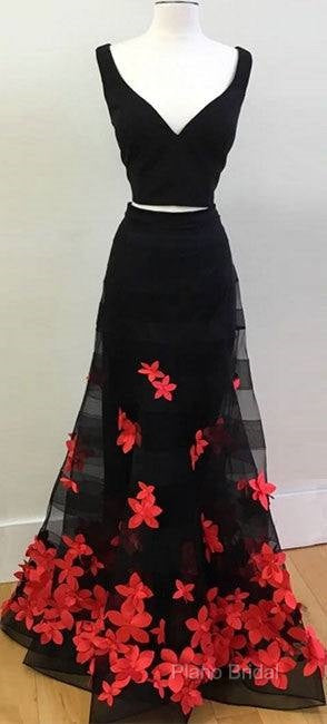 Black Two Pieces Applique Long Formal Prom Dresses, Black Formal Dresses Secondary image