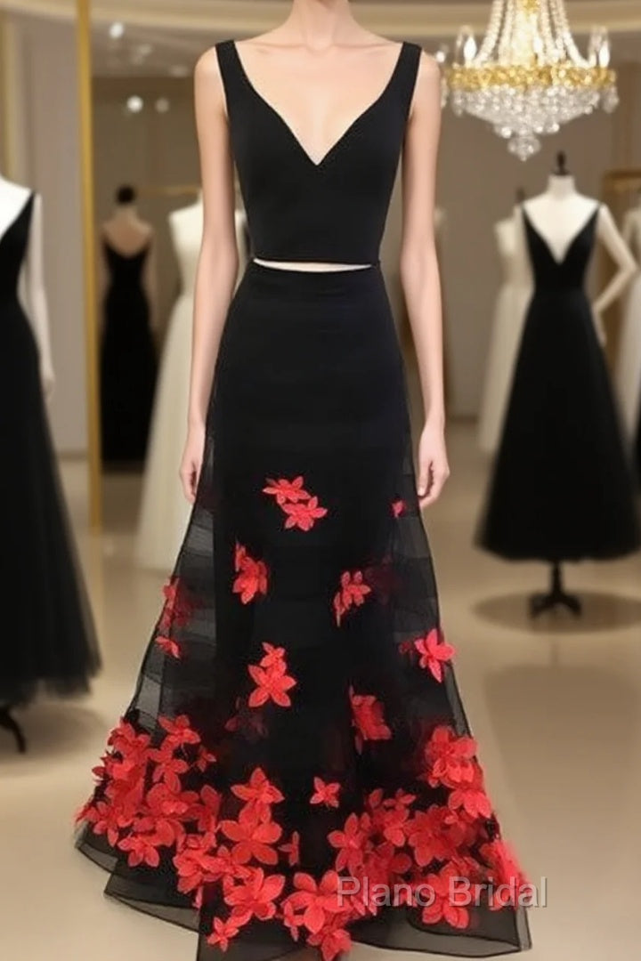 Black Two Pieces Applique Long Formal Prom Dresses, Black Formal Dresses