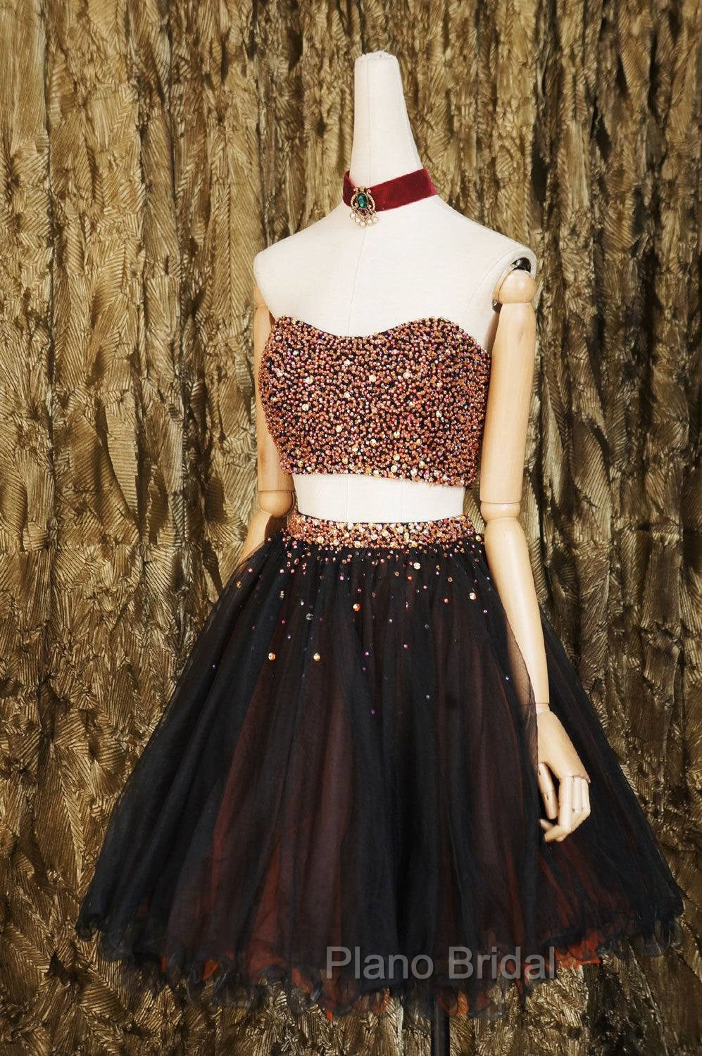 Black Two Pieces Beads Tulle Short Formal Prom Dresses Black Homecoming Dresses