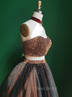 Black Two Pieces Beads Tulle Short Formal Prom Dresses Black Homecoming Dresses