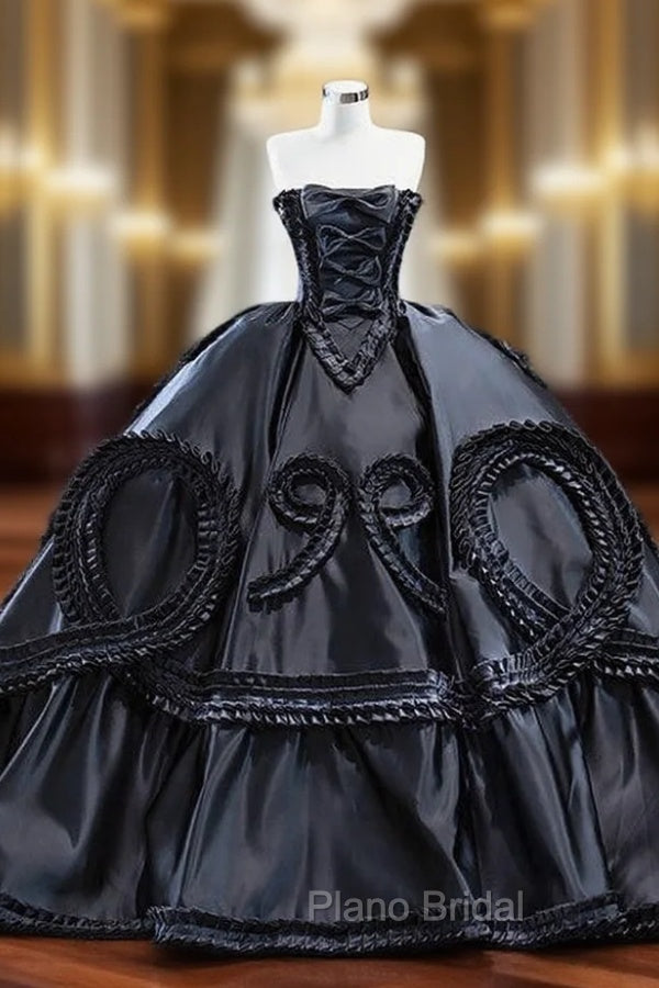 Black Unique Satin Strapless Pleats Ball Gown Formal Prom Dresses Main image