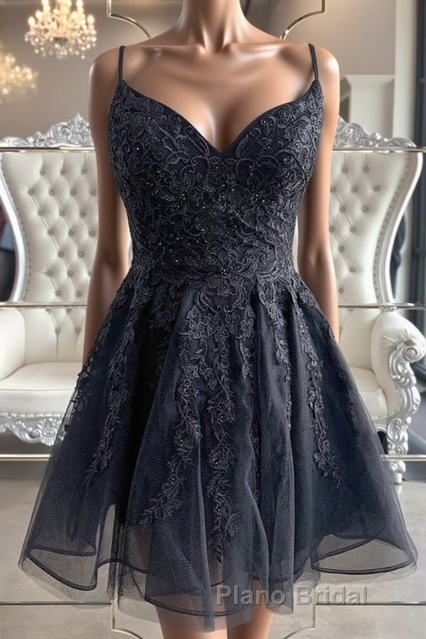 Black V Neck Backless Lace Short Formal Prom Dresses, Backless Black Lace Homecoming Dresses, Black Lace Formal Evening Dresses Main image