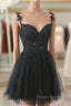 Black V Neck Beaded Tulle And Lace Formal Prom Dresses, Cute Black Homecoming Dresses