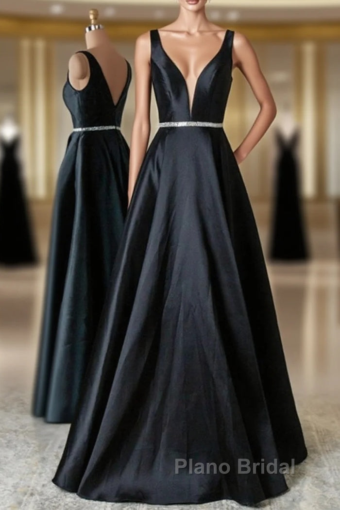 Black V Neck Beading Satin Formal Prom Dresses Main image