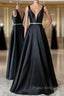 Black V Neck Beading Satin Formal Prom Dresses