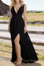Black V Neck Chiffon Floor Length Prom Dresses Long Prom Dress With Pleated Split