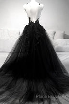 Black V Neck Lace Long Formal Prom Dresses A Line Formal Dresses